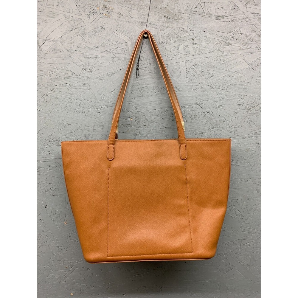Miztique Tote Bag Brown Faux Leather Gold‎ Handle Accent Structured Shoulder - Picture 2 of 14